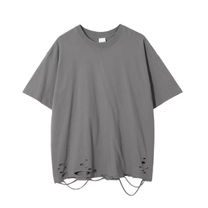 T-shirt vintage personnalisé de qualité supérieure à manches courtes T-shirt déchiré à trous T-shirt de sonnerie en gros T-shirt vierge pour hommes - Product Image 6