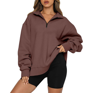 Femmes automne surdimensionné quart 1/4 Zip sweats revers col à manches longues goutte épaule solide pull pull haut - Product Image 2