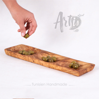 Plateau de service rectangulaire en bois d'olivier poli, fait main, 3 sections, écologique, avec compartiments pour condiments et snacks, style américain