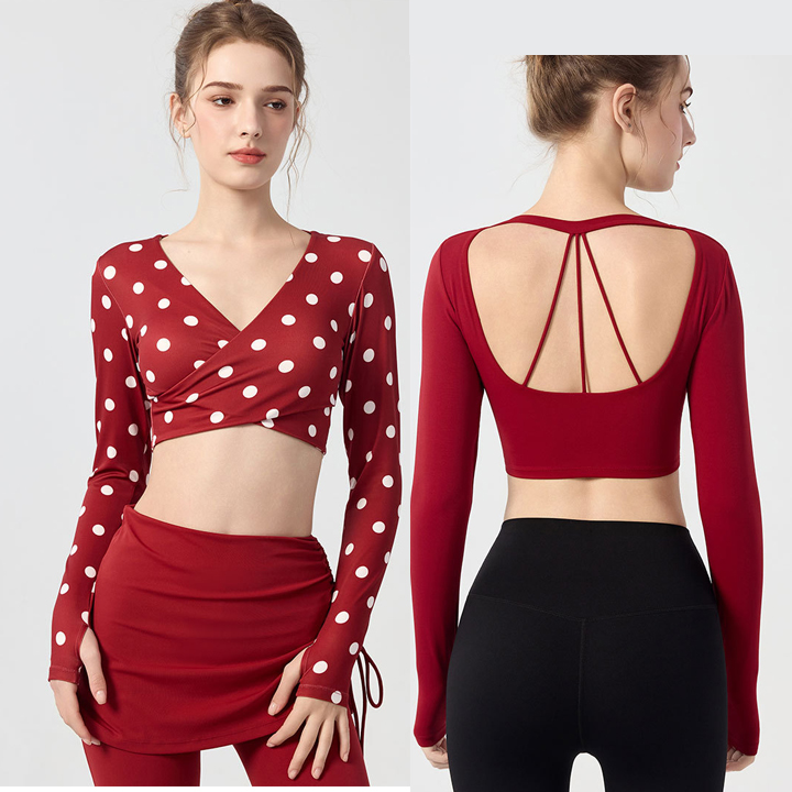 Women Cross Back Breathable Quick Dry Workout Sports Wear Long Sleeves Athletic Fitness Dots Top High Elastic Female Crop Top