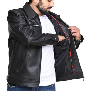 แจ็กเก็ตหนังสำหรับผู้ชายเสื้อแจ็กเก็ตสไตล์มอเตอร์ไซต์ลำลองโลโก้แบบถ่ายโอนความร้อนดีไซน์ตามสั่ง - Product Image 3