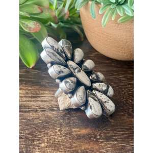 Navajo Handmade White Buffalo Turquoise & Sterling <b>Silver</b> Cluster <b>Ring</b> Adjustable Size 7.25 <b>Boho</b> Style - Product Image 3