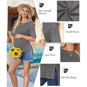 Chemises de maternité à manches courtes pour femmes, hauts surdimensionnés de grossesse, chemisiers post-partum à conception latérale fendue, nouvelles mamans douces - Product Image 2