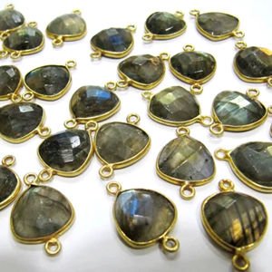 2 Pcs Set Natural Labradorite trillion cut Triangle Shape 14mm Briolette Connectors Gray Double Loop Bezel Jewelry Making Bezel - Product Image 1