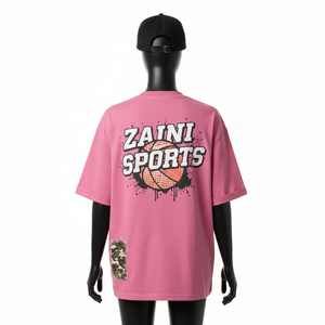 T-shirt ample pour femme en jersey de coton de haute qualité, respirant, doux, rose, avec impression thermique et patchwork, t-shirt en coton - Product Image 2