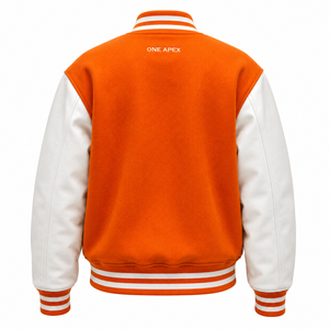 ONEAPEX Custom Orange Hooded Varsity/Letterman <b>Jacket</b> Premium Wool <b>Leather</b> Sleeves Breathable Winter OEM ODM Private Label - Product Image 2