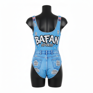 ชุดว่ายน้ำวันพีซสีน้ำเงิน ผ้าโพลีเอสเตอร์ผสมสแปนเด็กซ์ 220 GSM พรีเมียม พิมพ์ลายโลโก้แบบซับลิเมชั่น สำหรับผู้หญิง แบบสั่งทำ - Product Image 2