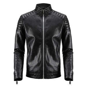 Chaqueta bomber de cuero ajustada para hombre Chaqueta de moto lavable con cuello levantado - Product Image 1