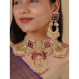 طقم عقد زفاف متعدد الألوان مطلي بالذهب TJ-S114M ثابا جاداو كوندان مجوهرات راقية عيار 24 قيراط مصنوعة في الهند للهدايا - Product Image 2