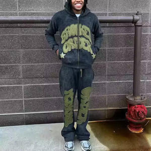 100% coton à capuche et pantalon de survêtement ensemble hommes survêtements Y2K Streetwear broderie personnalisée en détresse Patch homme unisexe survêtement - Product Image 5