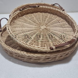 Bandeja de servicio redonda de ratán Natural de alta calidad con asas de cuero, vajilla de perlas de madera, restaurante, venta al por mayor, Vietnam directo - Product Image 3