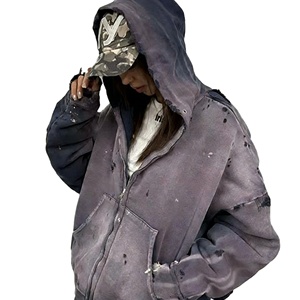 Custom Heavyweight 500gsm Cotton Acid Wash Grunge Distressed Grinding Boxy Fit Full Zip Hoodies Streetwear Supplier High Quality - Product Image 1