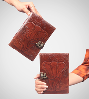 Carnet de croquis A5 en cuir véritable imprimé, motif éléphant en relief, journal à spirale, 120 feuilles, couverture marron élégante cousue