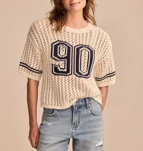 Pull décontracté à col rond pour femme, tricot d'été avec imprimé lettres, tricot ajouré, ourlet côtelé transparent - Product Image 2