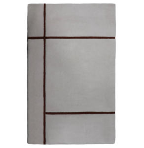 Tapis géométrique moderne en laine et tencel mélangés, couleur ivoire neutre et marron, fait main, écologique, à texture haute et basse, lignes fines contrastées - Product Image 1