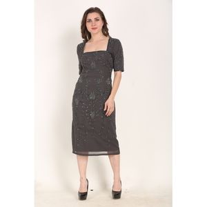 Robe midi élégante en perles de haute couture tendance, de couleur gris, avec col carré, pour soirée élégante, pour femmes - Product Image 1