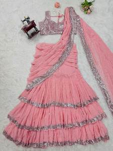 Hermoso Sari Lehenga listo para usar con hilo con trabajo de secuencia - Product Image 4