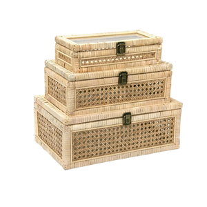 Venta al por mayor Juego rústico de 3 cajas decorativas de ratán con tapas de vidrio Cajas de almacenamiento natural Venta caliente de Vietnam - Product Image 1