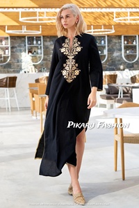 Robe longue de soirée Sexy pour femmes, manches longues brodées, fente latérale, style décontracté - Product Image 2
