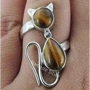Handmade Tiger's Eye Sterling Silver Cat <b>Ring</b> Boho <b>Statement</b> Jewelry for Her for Birthday Anniversary Valentine's Day Gift - Product Image 6