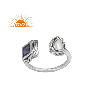 Vente chaude en argent sterling oxydé perle naturelle et pierre précieuse Iolite bague réglable fabricant de bijoux personnalisés - Product Image 1