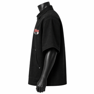 Custom <b>Men</b>’s Oversized Zipper <b>Shirt</b> Short Sleeve Boxy Fit Streetwear Logo Patch <b>Utility</b> Pocket <b>Shirt</b> OEM Wholesale - Product Image 4
