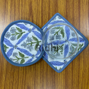 Light Steel <b>Blue</b> Quilted Piping <b>Coasters</b> Set 5x5" Bohemian Eco-Friendly Hand Block Printed Reusable Fabric Home Offices Cafes - Product Image 3