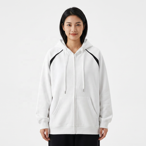 Sweat-shirt à capuche zippé blanc pour homme, en polaire oversize, couleur unie, décontracté, pour l'automne, manches classiques, avec poches - Product Image 3