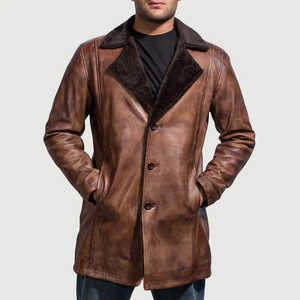 Customized <b>Men</b> Vintage <b>Shearling</b> Lined Real Leather Winter Coat <b>For</b> <b>Men</b> Mid Length Distressed Finish With Lapel Collar Coat - Product Image 1