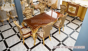 Juego de Mesa de Comedor de Madera de Teca Estilo Regio con Acabado Dorado Metálico y Diseño Tradicional Tallado en Oro, Muebles Duraderos para el Hogar - Product Image 6