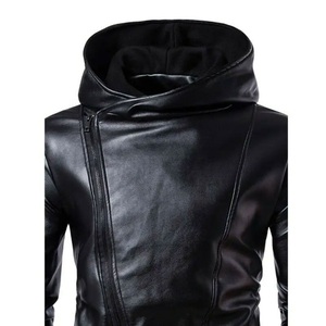 Chaqueta de cuero PU de Color negro de alta calidad para hombre, Color sólido de invierno con capucha, chaqueta de moda personalizada de buena calidad para hombre - Product Image 4