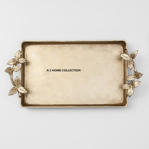 Bandeja de Servicio de Café Dorada Real con Asas de Hojas, Plato Rectangular Decorativo para Hoteles, para Aperitivos y Frutas - Product Image 1