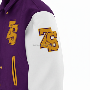 Veste universitaire en laine mélangée de qualité supérieure 450 GSM violet corps manches blanches Logo en chenille personnalisé veste universitaire en tricot côtelé pour homme - Product Image 5