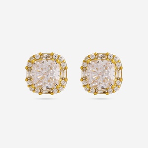 Vintage 92.5 <b>Silver</b> <b>Stud</b> <b>Earrings</b> with 14K Gold Bezel Setting Diamond Inlay Gold Plating Trendy Geometric Design for Engagement - Product Image 1