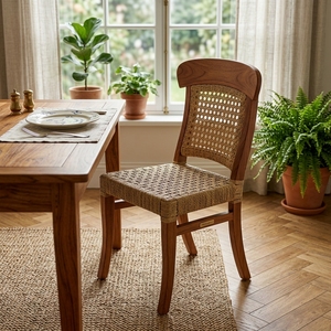 Solid Wood Woven Rattan <b>Cane</b> Dining <b>Chair</b> Curved Backrest Natural Finish Outdoor Patio Side Armless <b>Chair</b> Setup Art Decor - Product Image 4