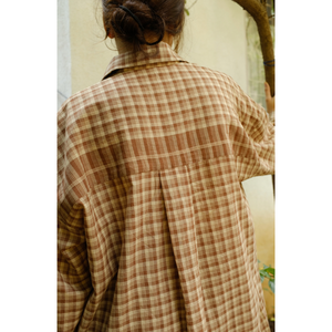 Camisa Oversize de Popelina de Algodón con Diseño de Doble Cuadros en Tono Tierra - Product Image 1