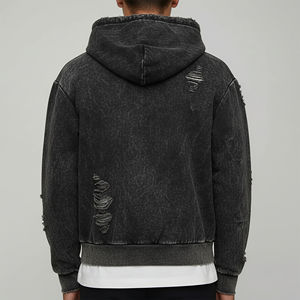 เสื้อครอปท็อปผ้าฝ้าย 100% คุณภาพสูงสั่งทำพิเศษสำหรับฤดูหนาว ล้างสีแบบ Acid Wash พร้อมซิป ฮู้ดดี้ทรงโอเวอร์ไซส์ ปักโลโก้แบบ Distressed ตามสั่ง ขาดๆ แบบมีสไตล์ - Product Image 2