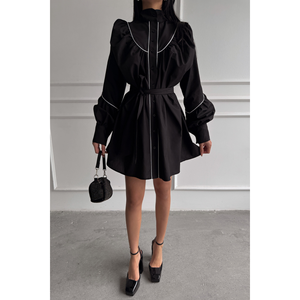 Vestido Negro de Popelina con Corte Evase, Detalle de Botones Frontales y Cinturón con Lazo, Estilo Casual - Product Image 3