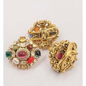 Pendientes de Clip Navratna Kundan de Plata de Ley 925 para Mujer, con Piedras Preciosas de Circonita Cúbica, Florales, para Boda, Joyería Tradicional - Product Image 1