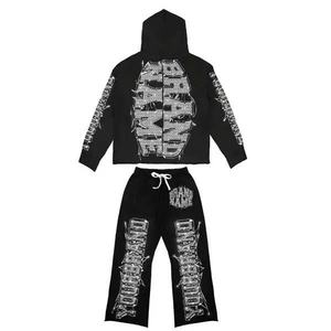 Dernier ensemble pantalon de survêtement à capuche noir 100% coton de haute qualité à la mode personnalisée Top court surdimensionné avec strass sans poches - Product Image 5