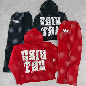 Fabricant sur mesure – Nouveau modèle : Sweat long en molleton bouclette 100 % coton, coupe oversize, ourlet brut, délavé à l'acide, effet soleil, avec strass brodés, style streetwear. - Product Image 1