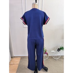 Ensemble deux pièces pour femme, chemisier à manches courtes et col rond en viscose côtelée à deux fils et pantalon, 36544 - Bleu marine - Product Image 6