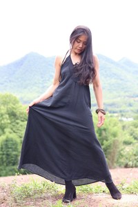 Holiday Women's 100% Cotton Summer Maxi Sexy Backless <b>Button</b> Decoration V-Neck Plain <b>Black</b> Dye Floor-Length for Autumn Season - Product Image 6