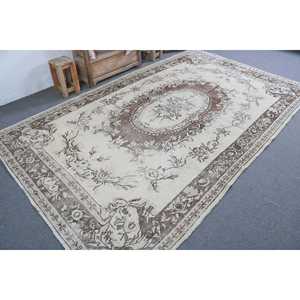 Alfombra Turca, Alfombra Vintage Grande de 5.9x10.1 pies, Alfombra Floral Marrón y Blanca - Product Image 2