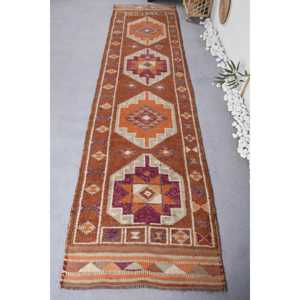 Vintage Rug, Runner 2.8x11.6 ft Turkish Rug, <b>Brown</b> Bordered <b>Wool</b> Rug - Product Image 1