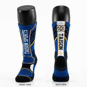 Premium 200 GSM Cotton Polyester Blend Men Basketball <b>Socks</b> Breathable Blue Red Panel Design Custom Jacquard Logo Athletic Fit - Product Image 4