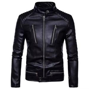 Chaqueta de moto de cuero de piel de oveja para hombre, Color sólido, cremallera, cuello levantado, moda informal transpirable - Product Image 1
