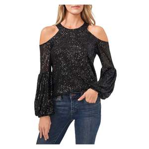 Blusa Chic da Donna CeCe con Spalle Scoperte XS Nera con Logo Ricamato in Paillettes Tessuto in Chiffon Lavorato a Maglia Vestibilità Ampia per Feste e Serate - Product Image 1