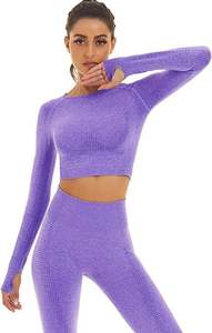 Ensemble de yoga violet de qualité supérieure soutien-gorge à manches longues avec leggings vêtements de yoga respirants pour l'entraînement d'entraînement - Product Image 3