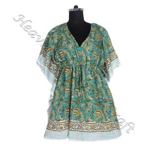 100% coton femmes vêtements de nuit main bloc imprimé caftan robe KFCS057 poids léger femmes décontracté Occasion porter courte Caftan robe - Product Image 3